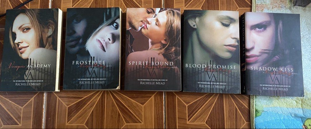 Vampire Academy Series by Richelle Mead (Category: Storybooks) located in Cebu City. Submitted by tessa_ingrid (Listing ID 1427208536, Image 1). Description: Take all for 1,000 Only Set of five books from the Vampire Academy series by Richelle Mead. Includes Vampire Academy, Frostbite, Spirit Bound, Blood Promise, and Shadow Kiss. The books are in English. The back of the book shows a summary of the story. These are very old books with stain. Cop