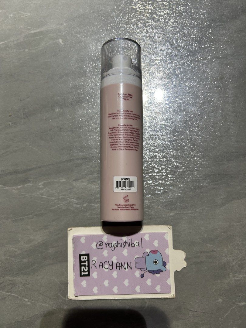 Vice Cosmetics 24HR LOCK Setting Spray 50ml (Category: Makeup) located in Rizal. Submitted by reyshishibal (Listing ID 1427218509, Image 2). Description: - brandnew and sealed - can send video condi - no card included - authentic official, scan the barcode to check authenticity - est sf if jnt: around 50 only ✅installment (original price+ 100) in 2 months.