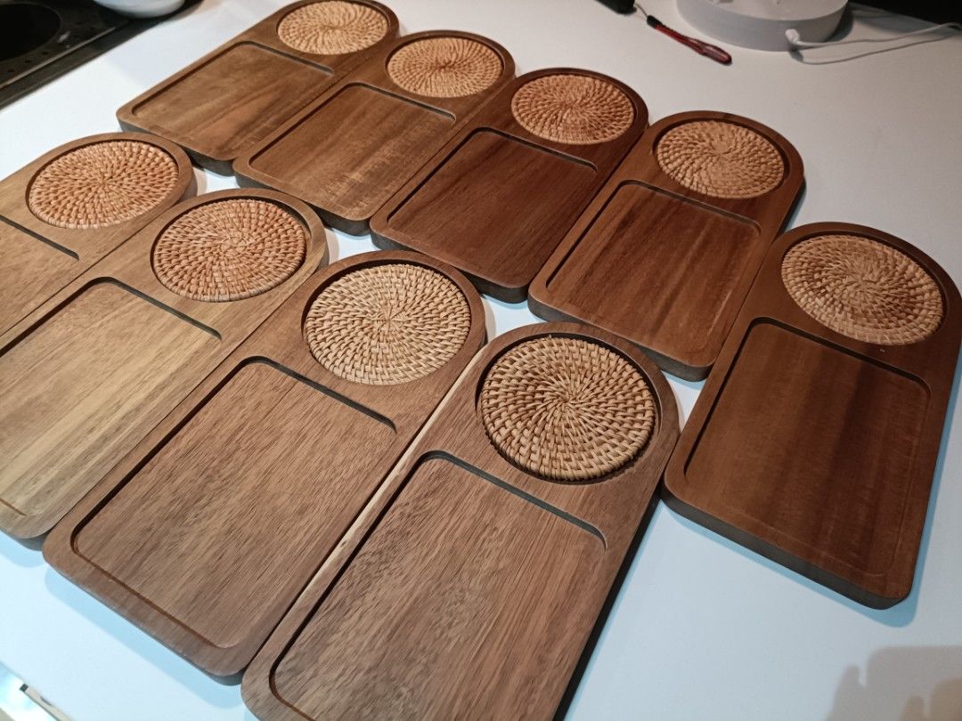 Wooden Serving Tray with Woven Coaster