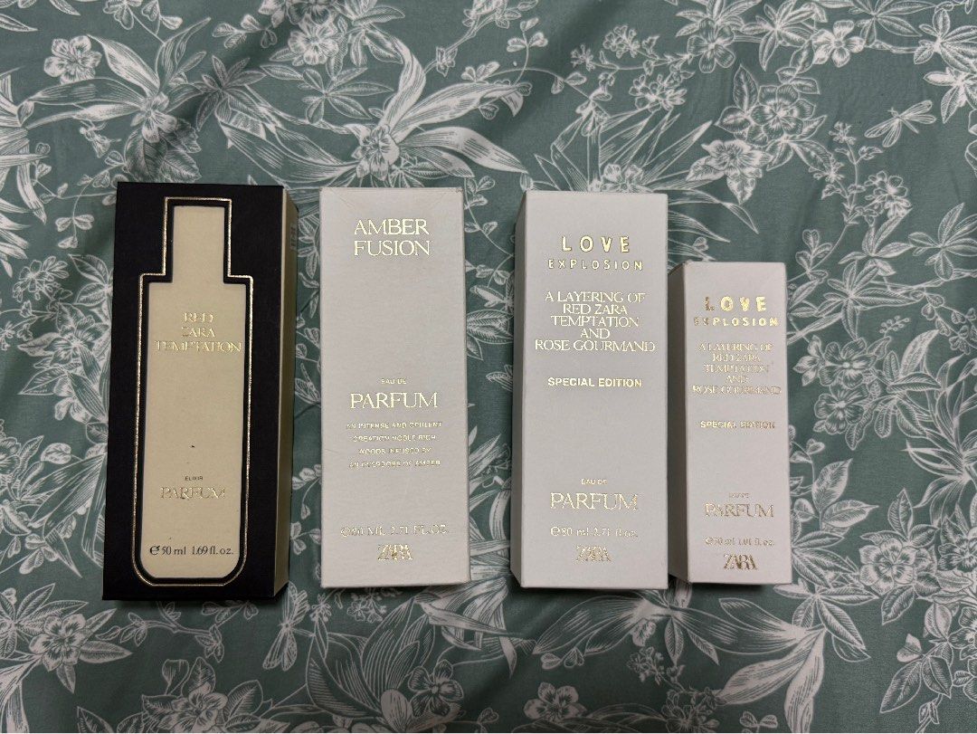 Zara Perfumes (Category: Fragrance & Deodorants) located in Quezon City. Submitted by cc.cloudy (Listing ID 1427298347, Image 1). Description: Red Temptation Elixir BNEW/Sealed - 1800 Amber Fusion - lightly sprayed - 1000 ❌ SOLD ❌ Love Explosion BNEW/Sealed - 1300 ❌ Love Explosion Mini 30ml BNEW/Sealed - 650 ❌ .