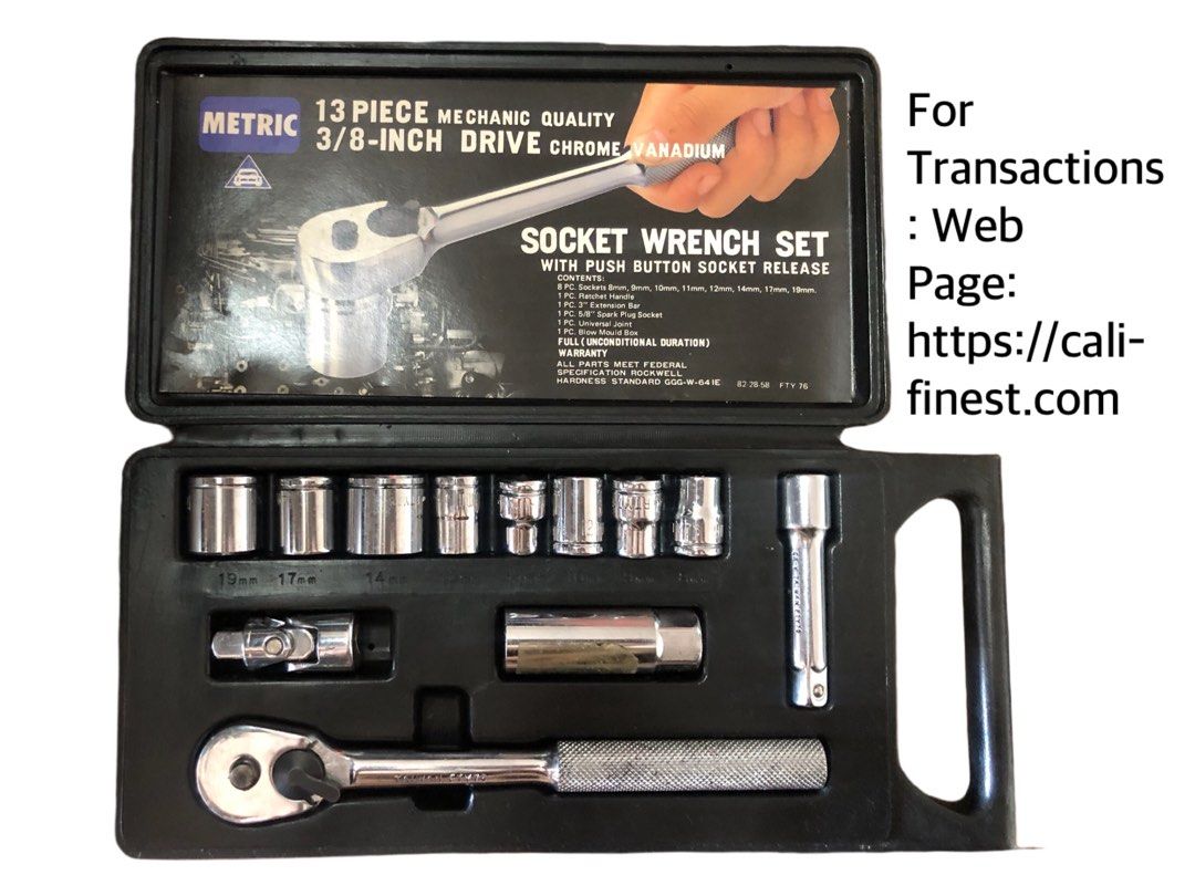 13 Piece Metric 3/8-Inch Drive Socket Wrench Set (Category: Everything Else Others) located in Pasig City. Submitted by califinestcollectibles (Listing ID 1411679421, Image 1). Description: 13 Piece Metric 3/8-Inch Drive Socket Wrench Set HT#0019 Socket Wrench Set with Push Button Socket Release Contents: 8 pc Sockets - 8mm,9mm,10mm,11mm,12mm, 14mm,17mm, 19mm 1pc Ratchet Handle 1pc 3” Extension Bar 1pc 5/8” Spark Plug Socket 1pc Universal Joint 1