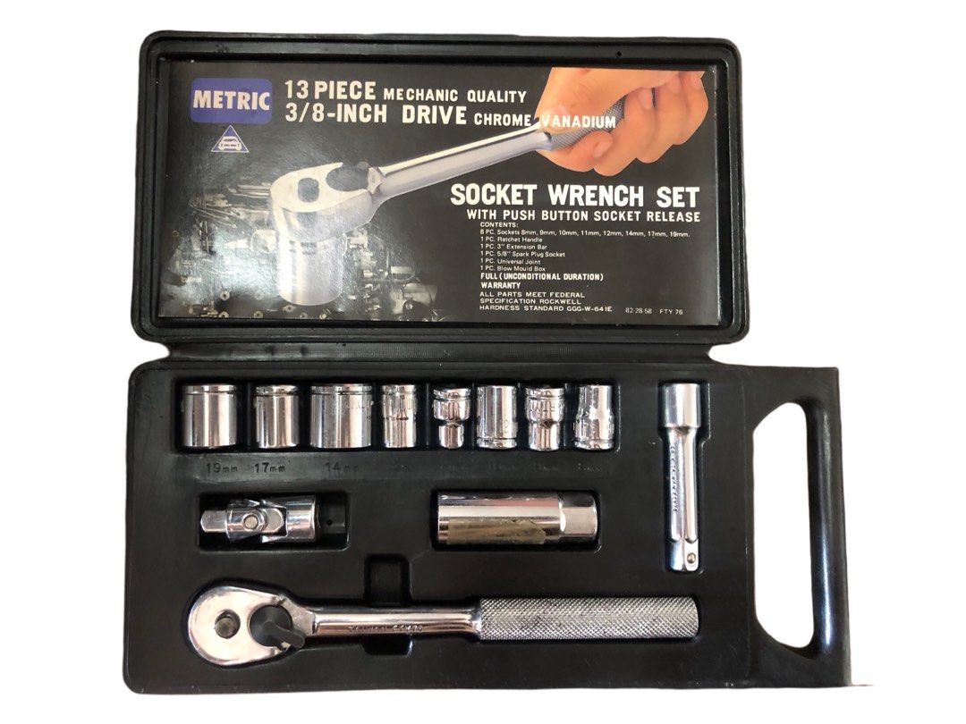 13 Piece Metric 3/8-Inch Drive Socket Wrench Set (Category: Everything Else Others) located in Pasig City. Submitted by califinestcollectibles (Listing ID 1411679421, Image 3). Description: 13 Piece Metric 3/8-Inch Drive Socket Wrench Set HT#0019 Socket Wrench Set with Push Button Socket Release Contents: 8 pc Sockets - 8mm,9mm,10mm,11mm,12mm, 14mm,17mm, 19mm 1pc Ratchet Handle 1pc 3” Extension Bar 1pc 5/8” Spark Plug Socket 1pc Universal Joint 1