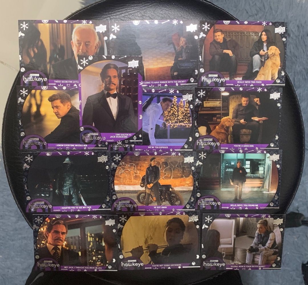 2023 Upper Deck Marvel Studios Hawkeye trading cards (Category: Raw Singles) located in Manila. Submitted by gepmacadaeg (Listing ID 1427424547, Image 1). Description: - sold as set only.