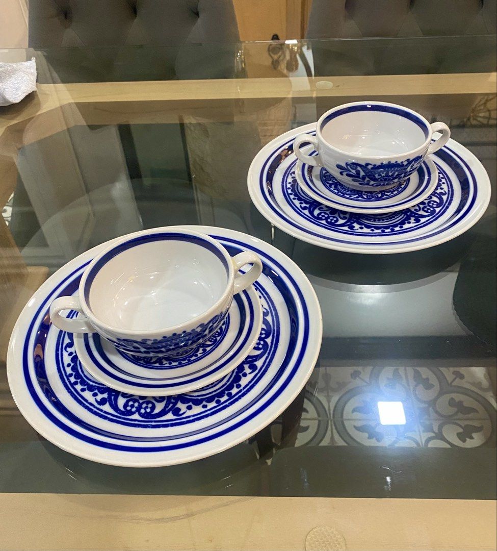 2 Sets Vtg. Blue & White Noritake Primastone Trio Dinner Set (Category: Dinnerware & Cutlery) located in Quezon City. Submitted by melissa8889 (Listing ID 1427342765, Image 3). Description: 2 Sets Vtg. Blue & White Noritake Primastone Trio Dinner Set - w/ Mediterranean or Folk-Art Pattern - made of Stoneware - in VGUC Dimensions: DInner Plate - 10.6(diameter) inches Soup Cup - 2.2(H) x 5(diameter) inches Saucer/Bread Plate - 6.25(diameter) inches