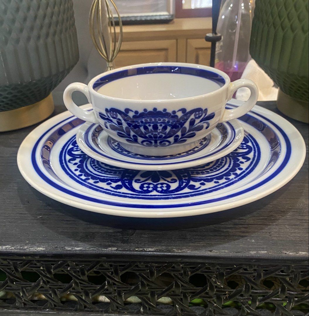 2 Sets Vtg. Blue & White Noritake Primastone Trio Dinner Set (Category: Dinnerware & Cutlery) located in Quezon City. Submitted by melissa8889 (Listing ID 1427342765, Image 2). Description: 2 Sets Vtg. Blue & White Noritake Primastone Trio Dinner Set - w/ Mediterranean or Folk-Art Pattern - made of Stoneware - in VGUC Dimensions: DInner Plate - 10.6(diameter) inches Soup Cup - 2.2(H) x 5(diameter) inches Saucer/Bread Plate - 6.25(diameter) inches