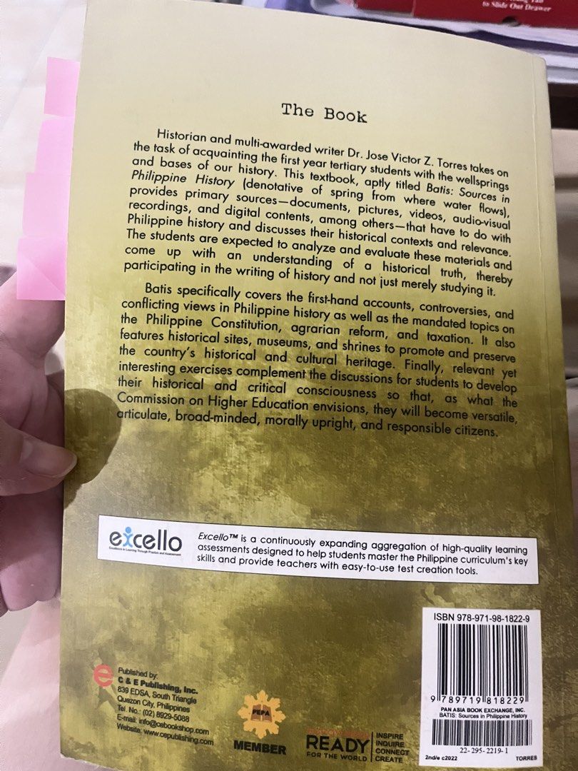 Batis: Sources in Philippine History - Second Edition (Category: Textbooks) located in Legazpi City. Submitted by estefania_hawk (Listing ID 1427416493, Image 2). Description: Textbook, titled Batis: Sources in Philippine History, is written by Jose Victor Z. Torres. It is the second edition and published by C&E Publishing, Inc. The book covers Philippine history, including historical contexts, controversies, and conflicting views. It also featur