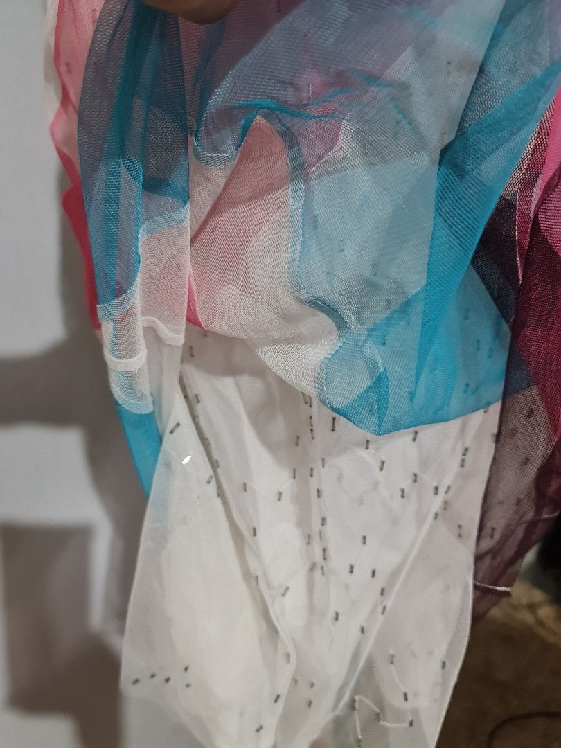 BCBG Max Azria Collection Dress (Category: Dresses) located in Angeles City. Submitted by reallygraceful (Listing ID 1427464839, Image 2). Description: Dress features a colorful striped design with pink, blue, white, and gray hues. It has a sheer overlay with small embellishments. The dress is size 2 and made of 100% cotton lining and 100% cotton outer. Measurements are approximately 13 inches in width and 37 inches in length..