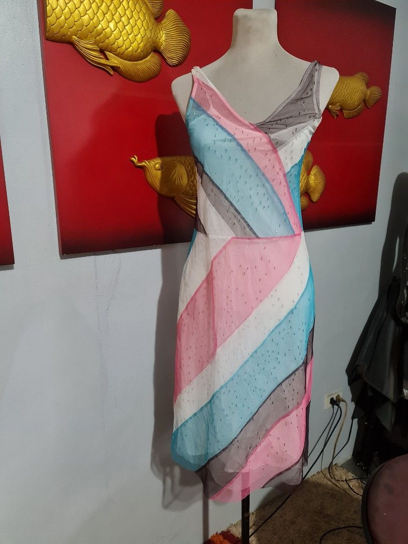 BCBG Max Azria Collection Dress (Category: Dresses) located in Angeles City. Submitted by reallygraceful (Listing ID 1427464839, Image 1). Description: Dress features a colorful striped design with pink, blue, white, and gray hues. It has a sheer overlay with small embellishments. The dress is size 2 and made of 100% cotton lining and 100% cotton outer. Measurements are approximately 13 inches in width and 37 inches in length..