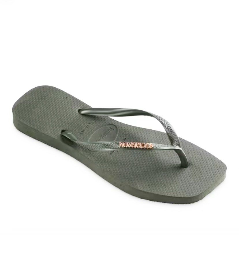 Havaianas Slim Square Metallic Logo Olive Green Flip-Flops (Category: Flipflops and Slides) located in Singapore. Submitted by mmmm_ (Listing ID 1427390735, Image 1). Description: Brazilian size 35/36 Brand new!.