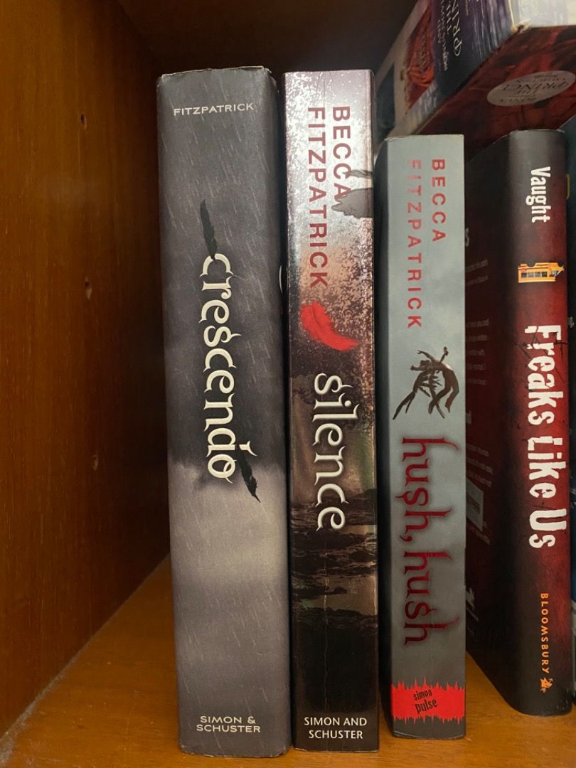 Hush, Hush Series by Becca Fitzpatrick (Category: Storybooks) located in Manila. Submitted by denisetuazon (Listing ID 1427318121, Image 1). Description: Hush Hush (soft bound) - Php 150 Silence (soft bound) - Php 200 Crescendo (hard bound) - Php 300 Selling as a set for Php 550.
