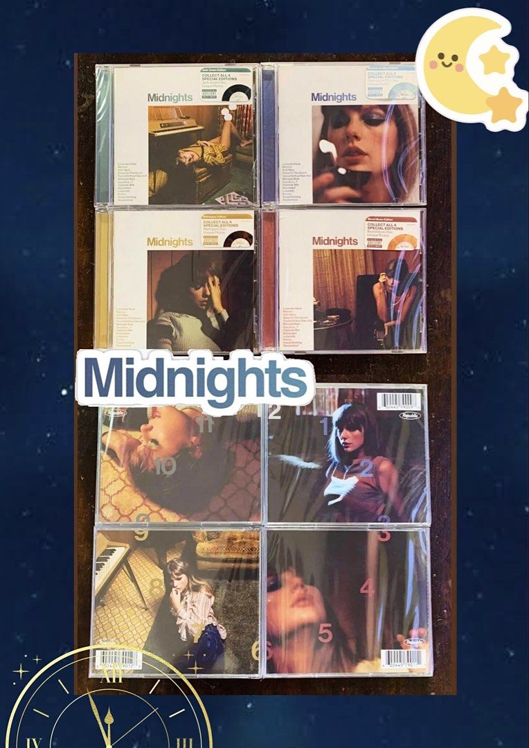 Midnights CD Collection (All 4 Variants Available) - Taylor Swift (Category: CDs & DVDs) located in Manila. Submitted by popdivaalbumss (Listing ID 1427422797, Image 1). Description: Selling sealed and brand new Midnights albums 💖 Perfect for collectors & fans Limited stock only.