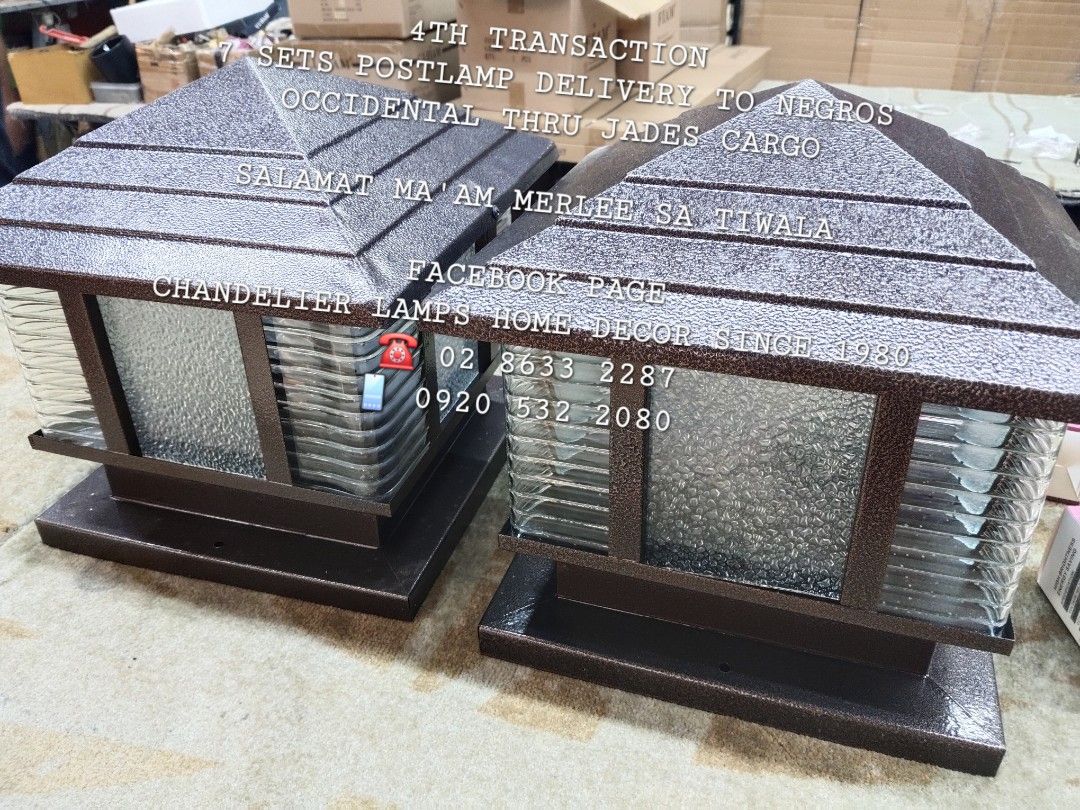Post Lamp Home Decor (Category: Lighting) located in Antipolo. Submitted by homelightingtrading (Listing ID 1427364378, Image 1). Description: Fourth transaction complete! 🥳 Seven sets of post lamps are on their way to Negros Occidental via Jades Cargo. Thank you, Ma'am Merlee, for your trust! 🙏 Find us on Facebook: Chandelier Lamps Home Decor Since 1980. ☎️ 02 8633 2287 📱 0920 532 2080 #Transaction #Postlamps #Delivery #Trust #Facebook #Chand