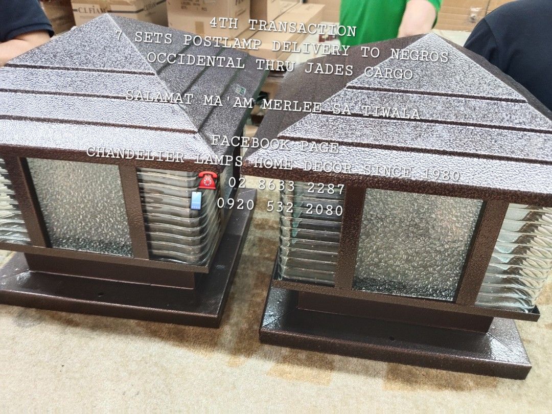 Post Lamp Home Decor (Category: Lighting) located in Antipolo. Submitted by homelightingtrading (Listing ID 1427364378, Image 2). Description: Fourth transaction complete! 🥳 Seven sets of post lamps are on their way to Negros Occidental via Jades Cargo. Thank you, Ma'am Merlee, for your trust! 🙏 Find us on Facebook: Chandelier Lamps Home Decor Since 1980. ☎️ 02 8633 2287 📱 0920 532 2080 #Transaction #Postlamps #Delivery #Trust #Facebook #Chand