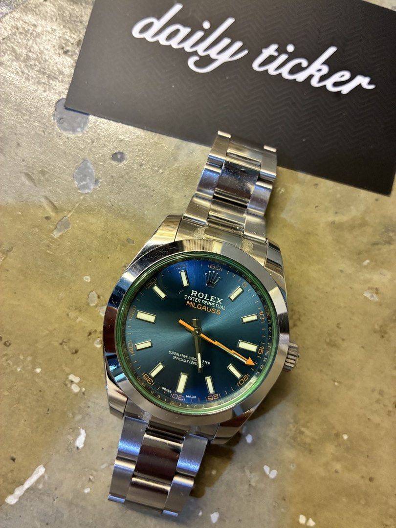 Rolex Oyster Perpetual Milgauss (Category: Luxury Watches) located in Makati City. Submitted by dailyticker (Listing ID 1427368779, Image 2). Description: Rolex Oyster Perpetual Milgauss watch with a blue dial and orange second hand. The watch has a stainless steel bracelet and a green-tinted crystal. Includes the original box and papers. (2018) ₱765k No last price queries for serious interests only .