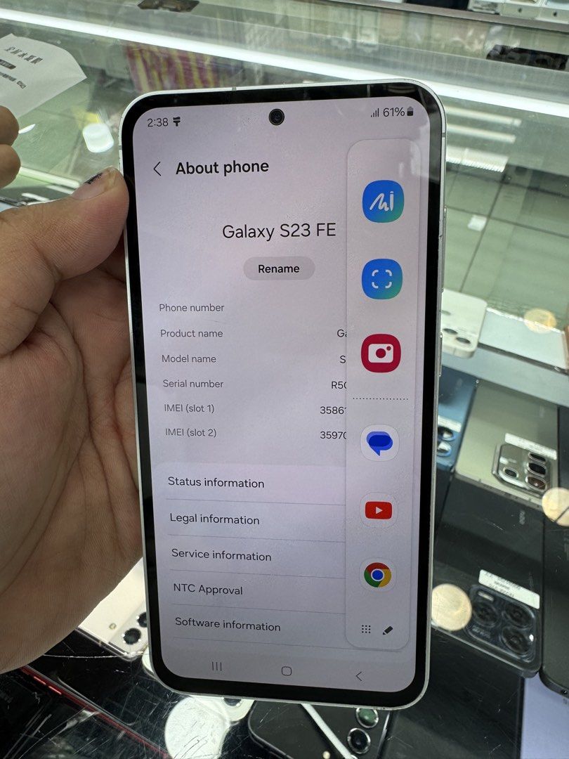 SAMSUNG S23 FE 5G (Category: Samsung) located in San Juan City. Submitted by wainefreygadgetshop (Listing ID 1427361544, Image 2). Description: Samsung S23 FE 8/256 ALL GOODS AT WORKING NO REPAIR HISTORY GAMING PHONE PEDE PANG BACK UP PHONE SCREEN TESTED SIGNAL TEST CAMERA SOBRANG LINAW HONEST ISSUE ILALAGAY SA NOTE PARA AWARE KA! NOTE* *SEE POSTED PICTURES HINDI MAKINIS,KAYA MURA, YAN LANG HONEST ISSUE THE REST WALA NA TEST ALL YOU WANT BAGO BAY