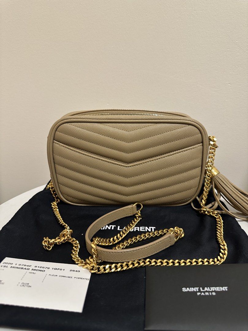 [AUTHENTIC] YSL Beige Mini Lou Camera Bag (Category: Luxury Bags & Wallets) located in Pasig City. Submitted by reg.mnl (Listing ID 1427436401, Image 3). Description: YSL Beige Mini Lou Camera Bag (Grained Leather) - preloved - Guaranteed Authentic with free Entrupy - with box, dustbag, cards and Entrupy - condition: very good, with very slight hairline scratches on the front logo, clean exterior & interior, no foul smell Please note that refund/