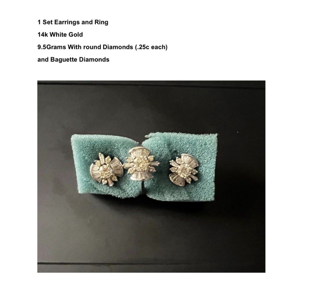 14k White Gold Diamond Earrings and Ring Set (Category: Earrings) located in Quezon City. Submitted by marjoretz (Listing ID 1424334163, Image 1). Description: Description and details are in the photo.