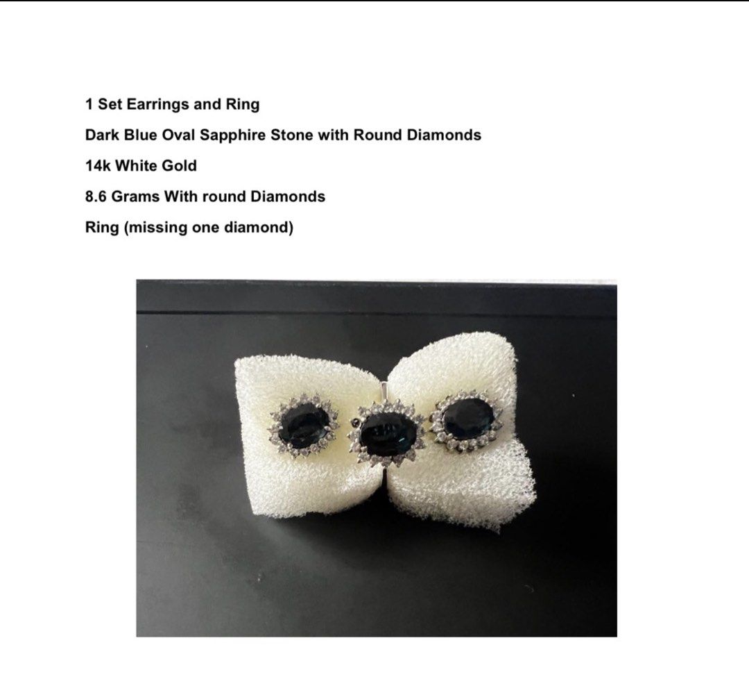 14k White Gold Sapphire Earrings and Ring Set (Category: Earrings) located in Quezon City. Submitted by marjoretz (Listing ID 1424334377, Image 1). Description: Details are in the photo.