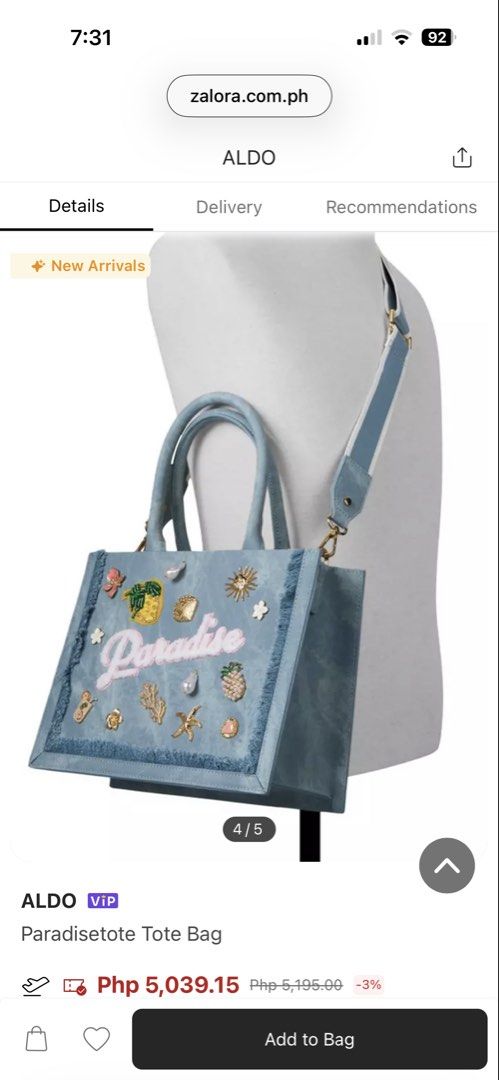 ALDO Paradisetote Tote Bag (Category: Tote Bags) located in Mandaluyong City. Submitted by meldiffic (Listing ID 1424335296, Image 3). Description: - ALDO Paradisetote tote bag - Light blue color - Decorative "Paradise" design - Top handle - Detachable shoulder strap - Fringe detail - Main compartment - Interior pocket.