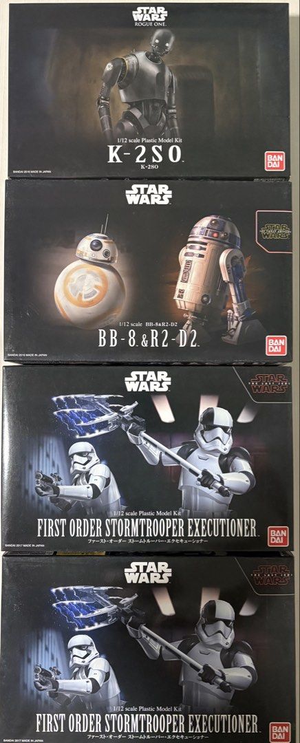 Bandai Star Wars K-2SO / BB-8 & R2-D2 / First Order Stormtrooper Executioner Model Kit (Category: Gundam Model Kits) located in Singapore. Submitted by peduct (Listing ID 1394890129, Image 1). Description: Bandai Star Wars 1/12 scale model kit -all are new and model kit parts still sealed in plastic bags, not opened before Bandai Star Wars K-2SO $65 Bandai Star Wars BB-8 & R2-D2 $38 Bandai Star Wars First Order Stormtrooper Executioner $60 each B