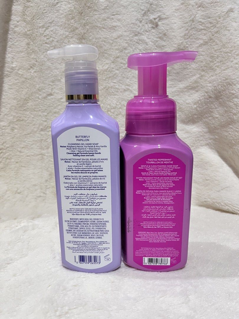 Bath & Body Works Hand Soap - Butterfly & Twisted Peppermint (Category: Bath) located in Subic. Submitted by chamie80 (Listing ID 1424212353, Image 2). Description: Two Bath & Body Works hand soaps are available. One is the Butterfly Cleansing Gel Hand Soap, 236 ml / 8 fl oz. The other is the Twisted Peppermint Gentle & Clean Foaming Hand Soap, 259 ml / 8.75 fl oz. Both are new and unused. Perfect for adding a touch of fragrance to your bathroom 