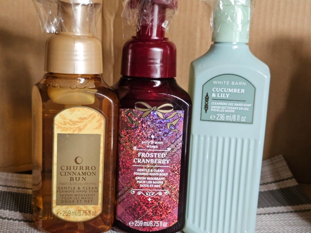 Bath & Body Works Hand Soap Set (Category: Bath) located in Muntinlupa City. Submitted by ninja_mode2323 (Listing ID 1424167021, Image 2). Description: - Bath & Body Works Foaming Hand Soap Set - Scents include: Acai Berry Spritz (1), Beautiful Day (4), Champagne Toast (1), Japanese Cherry Blossom(1), Churro Cinnamon Bun(1), Frosted Cranberry(1), and Cucumber & Lily (1) - Each bottle contains 259ml except White barn cucumber - All bottles are sea
