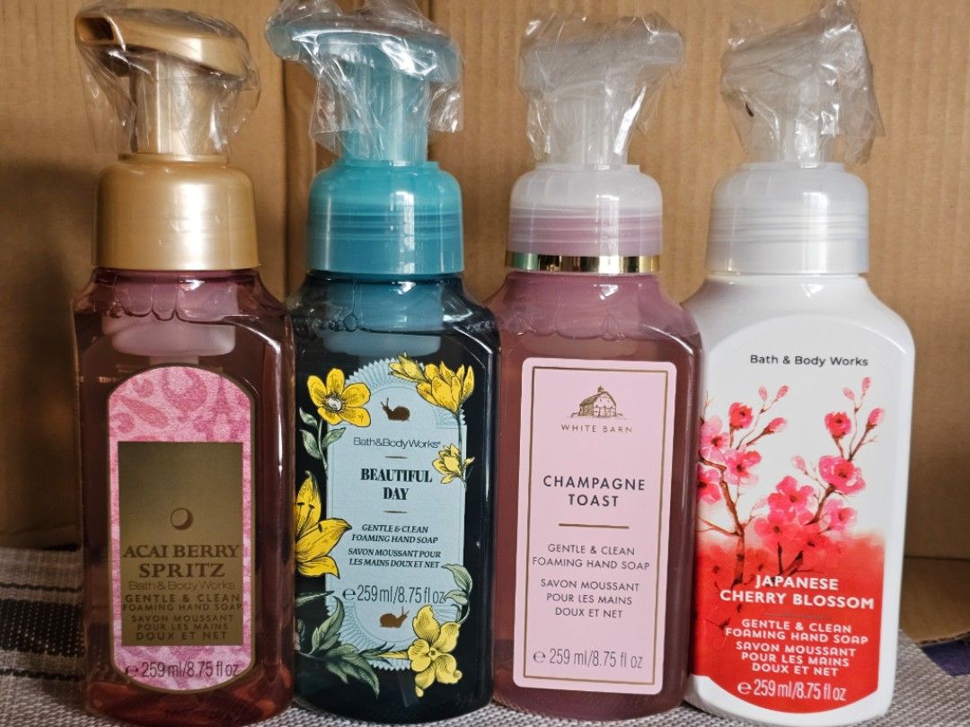 Bath & Body Works Hand Soap Set (Category: Bath) located in Muntinlupa City. Submitted by ninja_mode2323 (Listing ID 1424167021, Image 1). Description: - Bath & Body Works Foaming Hand Soap Set - Scents include: Acai Berry Spritz (1), Beautiful Day (4), Champagne Toast (1), Japanese Cherry Blossom(1), Churro Cinnamon Bun(1), Frosted Cranberry(1), and Cucumber & Lily (1) - Each bottle contains 259ml except White barn cucumber - All bottles are sea