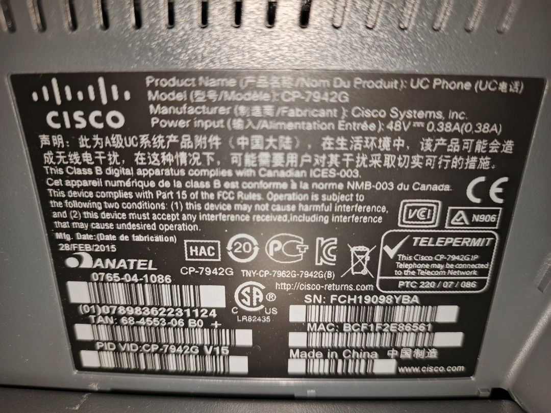 Cisco IP Phone 7942G (Category: Office & Business Technology) located in Makati City. Submitted by julz2026 (Listing ID 1424263557, Image 2). Description: -Price is negotiable -Complete with box, manual and RJ11 telephone cable -Company pull-out -Untested.