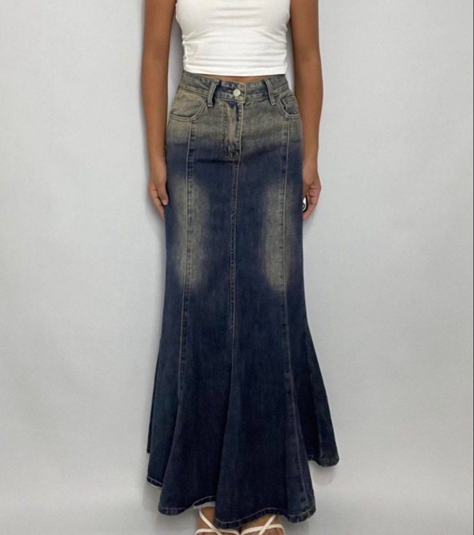 Denim Mermaid Skirt (Category: Skirts) located in Cebu City. Submitted by ishinitially (Listing ID 1423745974, Image 1). Description: super cute! bought it here in carousell but unfortunately its too small on me! - can fit 26 - 27 inches! (small or medium) - actual ww shown in photo from orig seller! measurements in images .