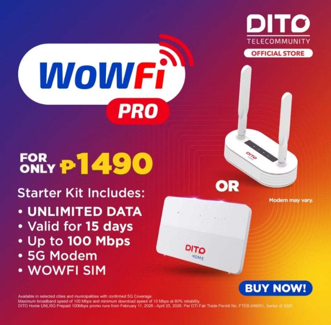 DITO HOME MODEM WIFI PRO with 15 Days 5G Data (Category: Networking) located in Quezon City. Submitted by mobilehub_ (Listing ID 1403872337, Image 2). Description: The DITO Home WoWFi Pro is yours for a one-time purchase of P1990, and guess what? NO LOCK IN and NO MONTHLY FEES to worry about! Avail our affordable load options whenever you need an internet connection! PRICE - P1,499 Can Ship Via Lalamove Anytime What's Inside the Box? - One (1) WO