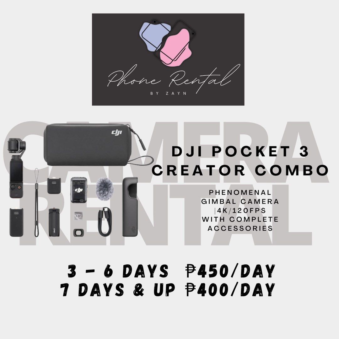 DJI Pocket 3 Creator Rental (Category: Cameras) located in Manila. Submitted by heyyyyyy1 (Listing ID 1424224109, Image 1). Description: - Rent the DJI Pocket 3 Creator Combo! - Shoots in 4K at 120FPS. - Rental Rates: - ₱450/day (3-6 days) - ₱400/day (7+ days) - Includes all accessories. - Perfect for high-quality video creation..