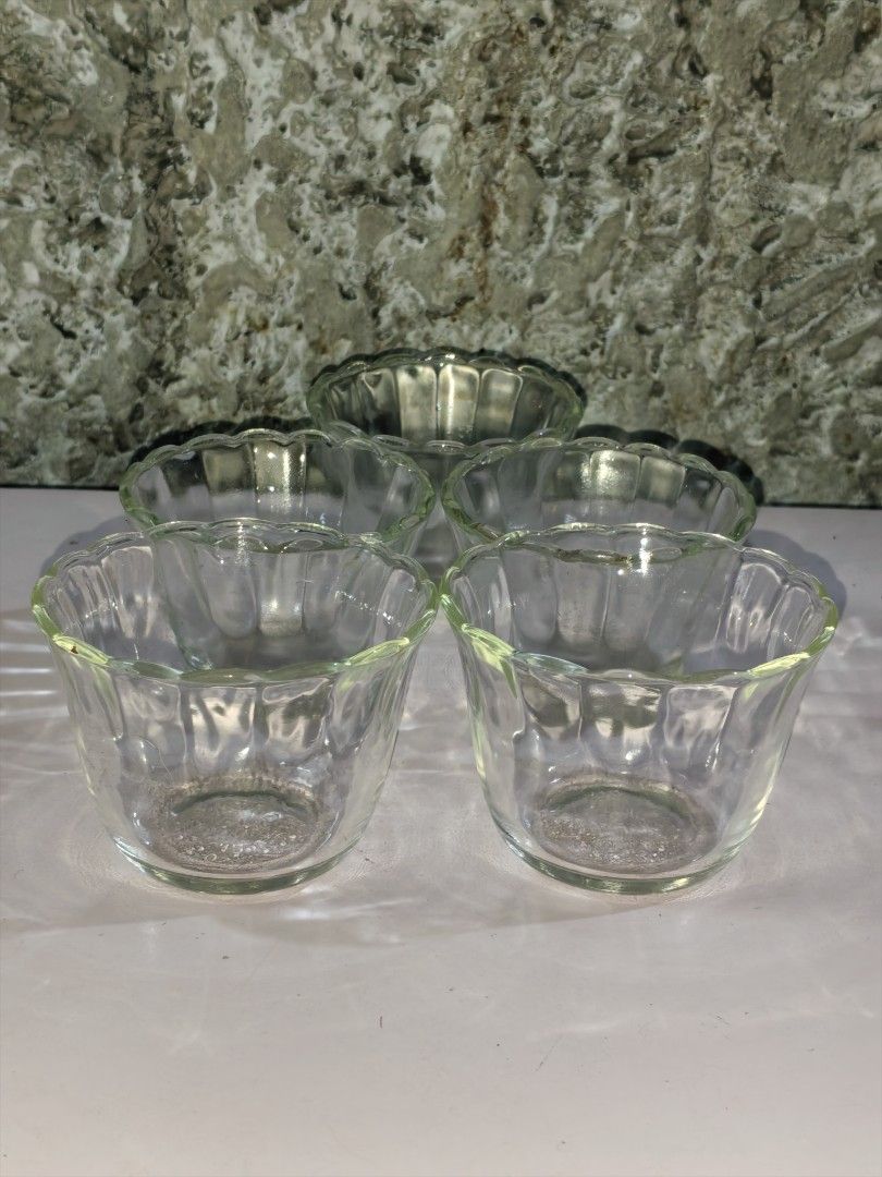 Fire-King Glass Bowls (Category: Dinnerware & Cutlery) located in Paranaque City. Submitted by furugiyafinds (Listing ID 1424299485, Image 1). Description: - Set of Fire-King glass bowls - Clear glass - Scalloped rim design - Each bowl holds 5 oz - Marked with Fire-King logo, "425", and "Made in USA".