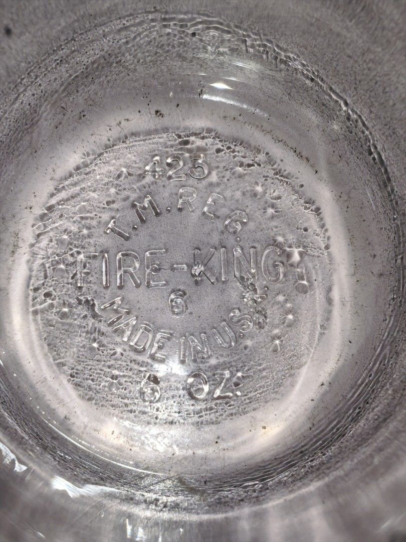Fire-King Glass Bowls (Category: Dinnerware & Cutlery) located in Paranaque City. Submitted by furugiyafinds (Listing ID 1424299485, Image 2). Description: - Set of Fire-King glass bowls - Clear glass - Scalloped rim design - Each bowl holds 5 oz - Marked with Fire-King logo, "425", and "Made in USA".