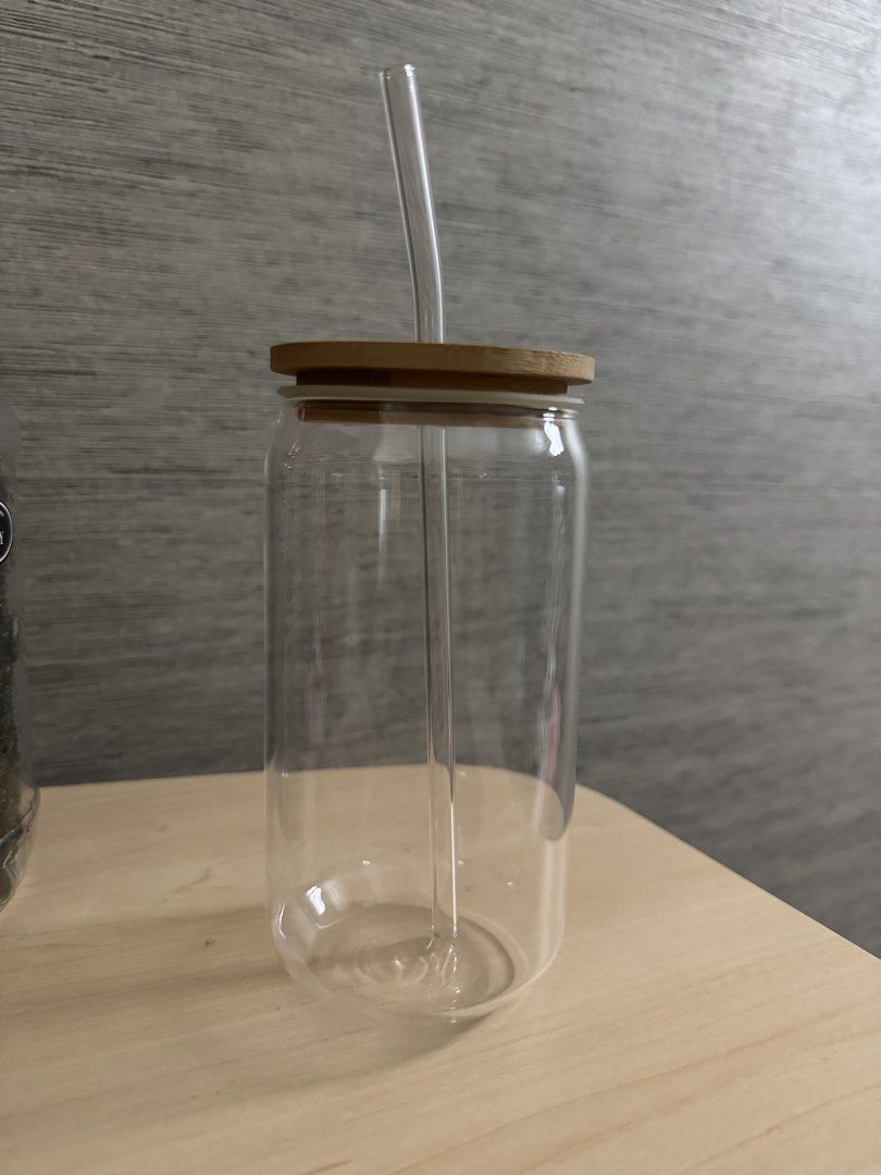 Glass Can Cup with Bamboo Lid and Glass Straw