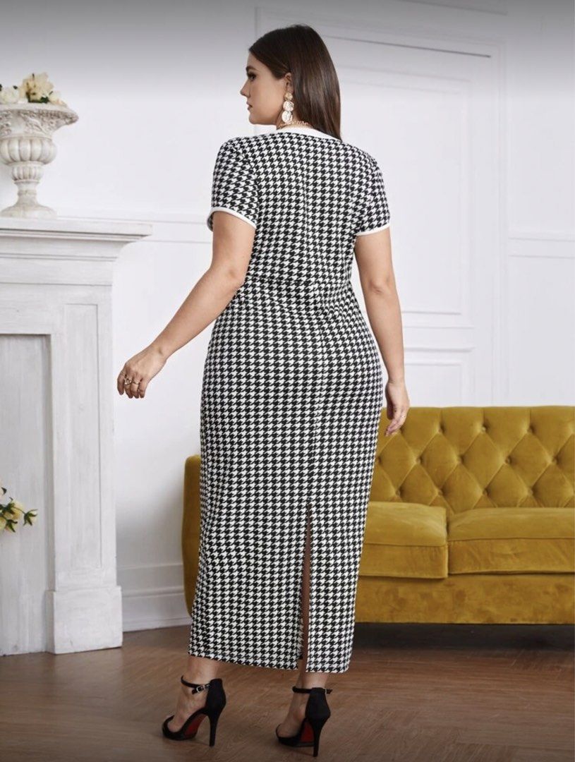 Houndstooth Print Dress - 0XL (Category: Dresses) located in Quezon City. Submitted by rav00 (Listing ID 1424275712, Image 2). Description: Worn once Bought for P750 - Houndstooth print midi dress - V-neckline - Short sleeves - Button detailing - White trim - Back slit - Size: 0XL - Please refer to size chart in photos for measurements..