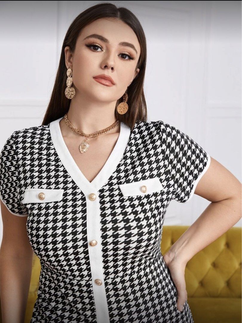 Houndstooth Print Dress - 0XL (Category: Dresses) located in Quezon City. Submitted by rav00 (Listing ID 1424275712, Image 3). Description: Worn once Bought for P750 - Houndstooth print midi dress - V-neckline - Short sleeves - Button detailing - White trim - Back slit - Size: 0XL - Please refer to size chart in photos for measurements..
