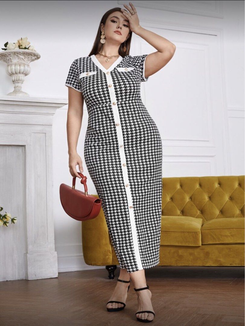 Houndstooth Print Dress - 0XL (Category: Dresses) located in Quezon City. Submitted by rav00 (Listing ID 1424275712, Image 1). Description: Worn once Bought for P750 - Houndstooth print midi dress - V-neckline - Short sleeves - Button detailing - White trim - Back slit - Size: 0XL - Please refer to size chart in photos for measurements..