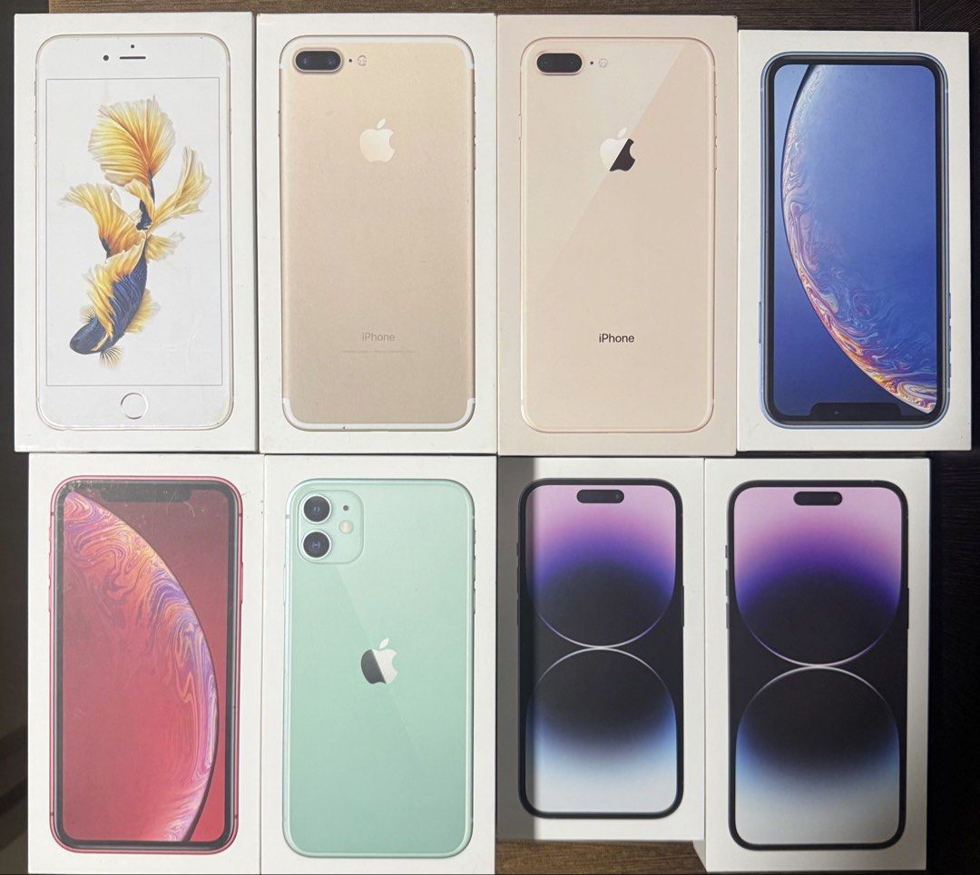 iPhone Boxes (Category: iPhone Others) located in Singapore. Submitted by app1ejack (Listing ID 1424307972, Image 1). Description: - iPhone boxes available (no accessories) - Models: iPhone 6s Plus, 7 Plus, 8 Plus, XR x 2, 11, 14 Pro, 14 Pro Max - Storage sizes: 6S Plus, Gold, 16GB 7 Plus, Gold, 32GB 8 Plus, Gold, 64GB XR, Blue, 64GB XR Red, 128GB 11, Green, 128GB 14 Pro, Deep Purple, 128GB 14 Pro Max, Deep Purple, 256GB Sitting on the cupboard, 