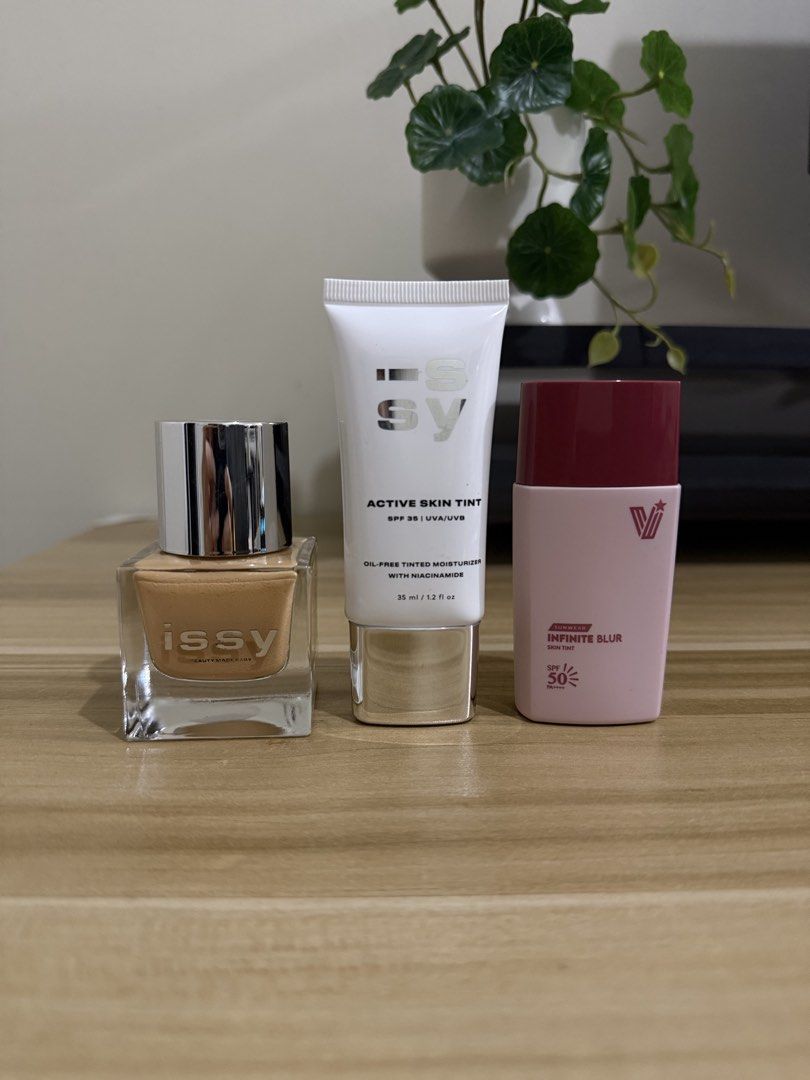 Issy Active Foundation & Skin Tint, Vice Co. Infinite Blur (Category: Makeup) located in Makati City. Submitted by migoymi (Listing ID 1424320168, Image 1). Description: Issy Foundation (YL2.5, 80% full): 200 Issy Skin Tint (Beech, 90% full): 200 Vice Co. Skin Tint (Light Medium Neutral, 95% full): 250 P550 for all three.