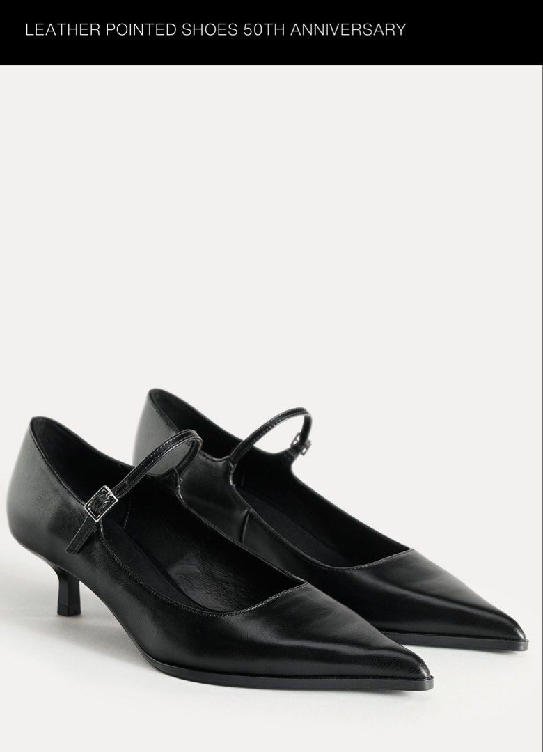 Zara Leather Pointed Shoes 50th Anniversary (Category: Heels) located in Quezon City. Submitted by teetharejade (Listing ID 1424253349, Image 1). Description: - Elegant black leather. - Pointed toe. - Mary Jane strap with buckle. - Low heel. - Stylish and versatile. - Genuine Leather - Best fits size 7 1/2.