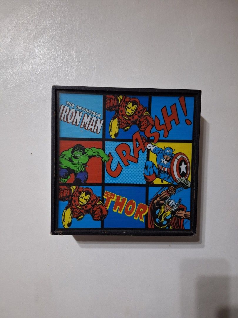 Marvel Avengers Light Box (Category: Western Merchandise) located in Manila. Submitted by cosmicstar_ca7870 (Listing ID 1424289424, Image 2). Description: - Marvel Avengers Light Box - Features Iron Man, Hulk, Captain America, and Thor - Black frame - Square shape - Battery Operated - Great for table or shelf display - Doubles as a decorative piece or night light *Have some minimal scratches (please see photo) *Battery not included *missing batte