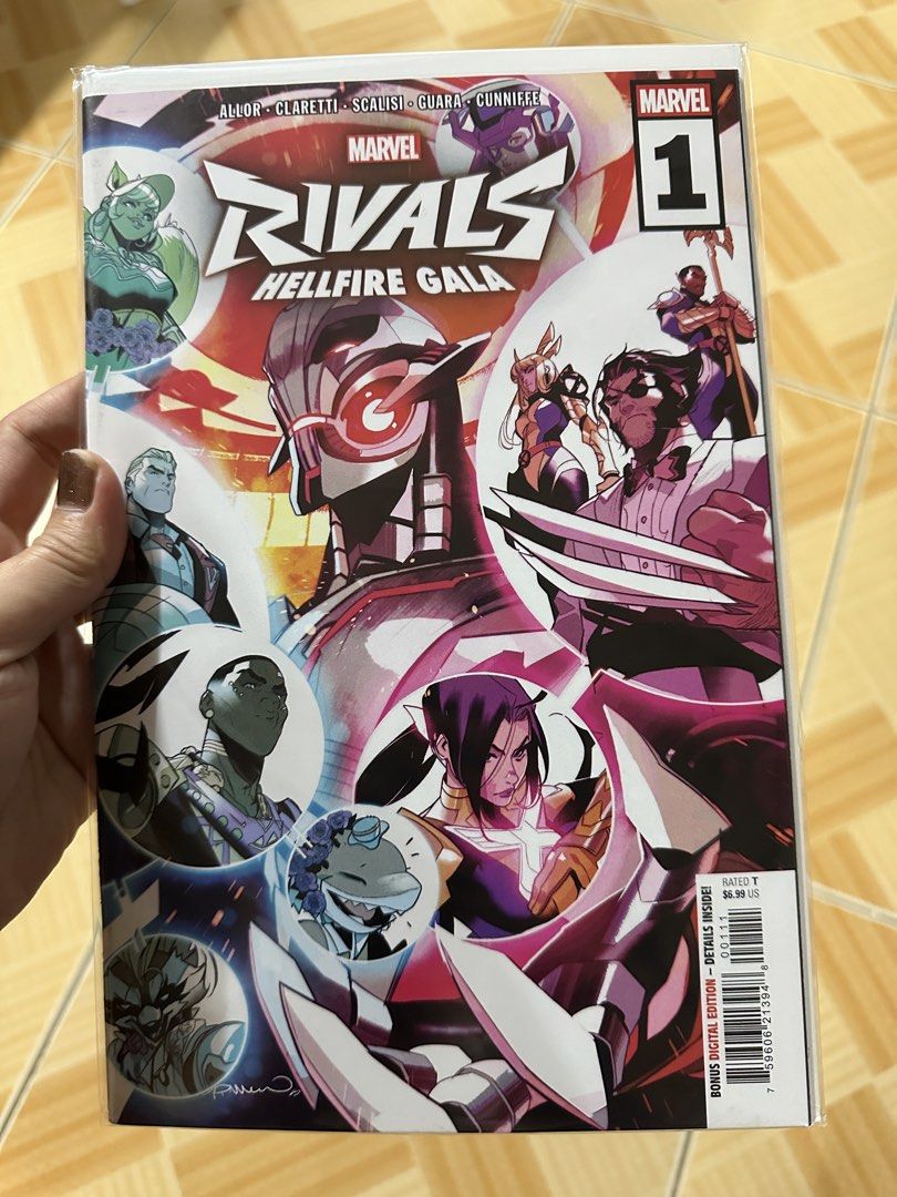 Marvel Rivals Hellfire Gala #1 Comic Book (Category: Comics & Manga) located in Binan City. Submitted by elf.0000 (Listing ID 1424288935, Image 1). Description: Marvel Rivals Hellfire Gala #1 comic book. Features artwork by Allor, Claretti, Scalisi, Guara, and Cunnieffe. Includes a bonus digital edition. Rated T. The cover displays various Marvel characters in a vibrant and dynamic style. P500.00 plus sf In very fine condition Payment via gcash S