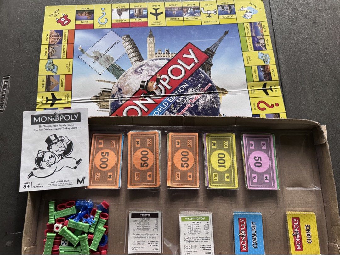 Monopoly World Edition Board Game (Category: Board Games & Puzzles) located in Quezon City. Submitted by happyreader (Listing ID 1424203138, Image 3). Description: Expect some signs of use such as creases on box , cash and cards - Monopoly World Edition board game - Includes game board, money, cards, houses, hotels, dice, and game pieces - Features global locations - For 2-6 players - Ages 8+ - Objective: Be the last player with money!.