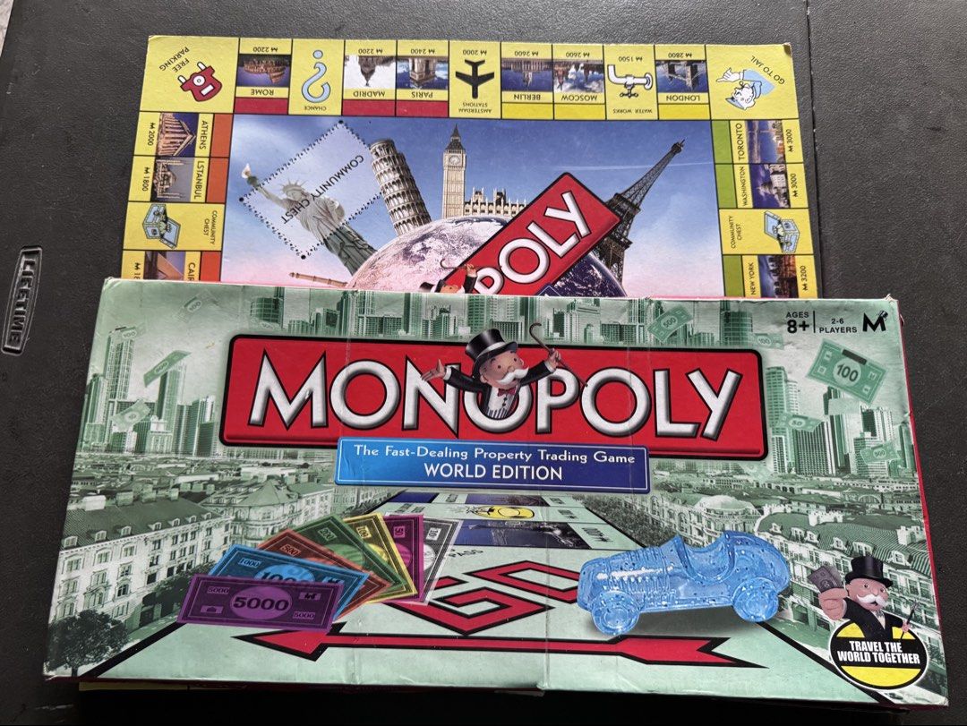 Monopoly World Edition Board Game (Category: Board Games & Puzzles) located in Quezon City. Submitted by happyreader (Listing ID 1424203138, Image 2). Description: Expect some signs of use such as creases on box , cash and cards - Monopoly World Edition board game - Includes game board, money, cards, houses, hotels, dice, and game pieces - Features global locations - For 2-6 players - Ages 8+ - Objective: Be the last player with money!.