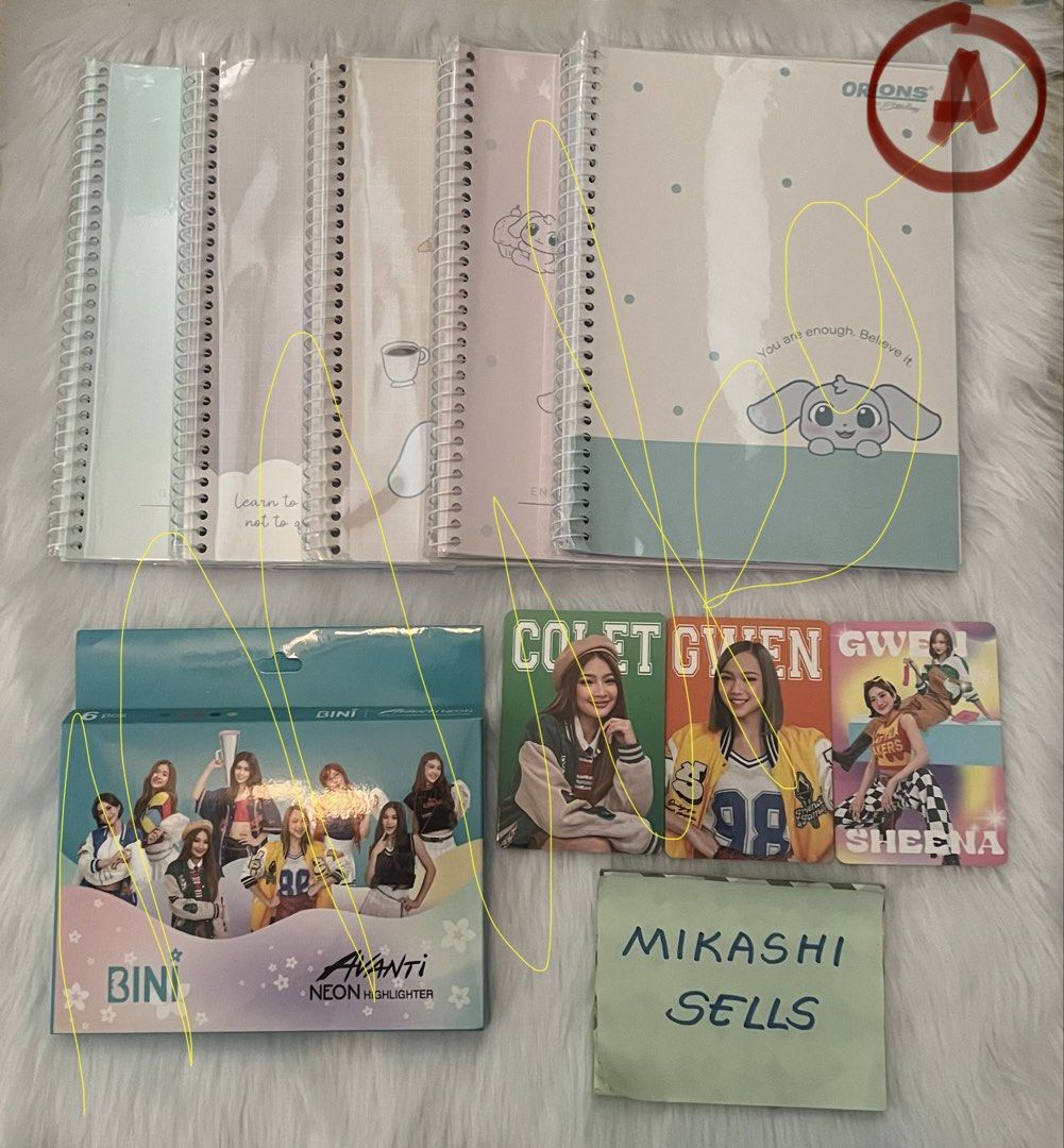 OFFICIAL BINI MERCH (Category: Stationery & School Supplies) located in Marikina City. Submitted by mikashisells (Listing ID 1424185740, Image 1). Description: [OFFICIAL BINI MERCH - ON HAND] SET - A : 🏷️ ₱400 • 5 Spiral Notebooks • Bini Neon Highlighter • Sterling Colet, Gwen & Hambebe PC SET - B : 🏷️ ₱450 - SOLD • 3 Spiral Notebooks • 1 Pad Paper • Bini Pastel Highlighter • Sterling OT8, Mikha, Colet, Maloi, MikhAiah & Hambebe PC SET - C : 🏷