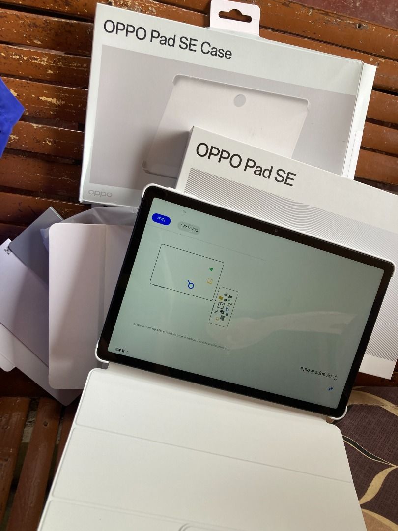 OPPO Pad SE Tablet (Category: Android) located in Taytay. Submitted by edgycroix (Listing ID 1424254108, Image 3). Description: - OPPO Pad SE tablet - Includes white folio case - Comes with original box - Screen displays setup screen (as shown) - Ideal for portability 💰 Bought for ₱11,999 on orange app 📦 Complete with box 📅 Only 2 months old ✨ Flawless condition – rarely used ⚡ Key Specs • 6GB RAM + 128GB Storage • MediaTek Helio G100 Processo