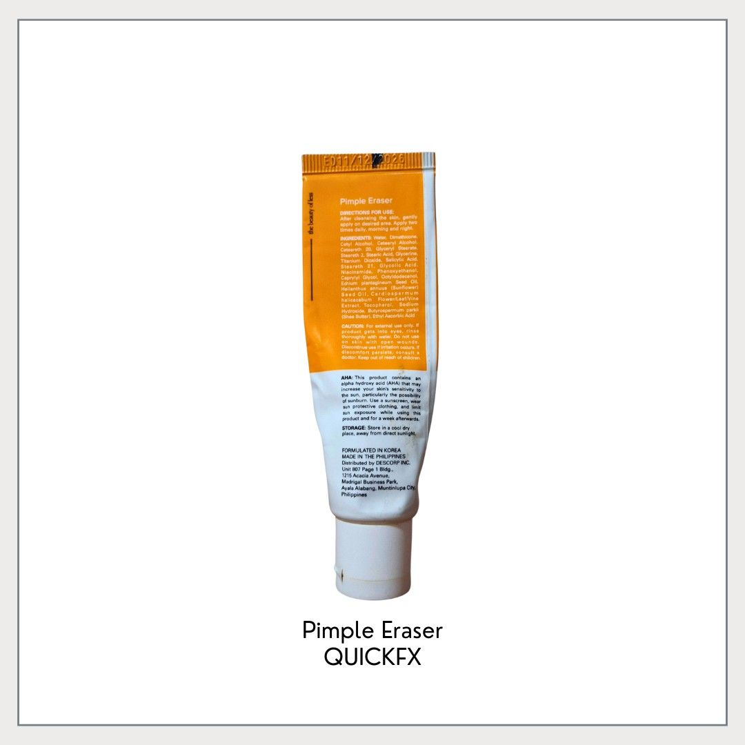 QuickFX Pimple Eraser Cream (Category: Face Care) located in Pasig City. Submitted by declutter_with_cha (Listing ID 1424211732, Image 2). Description: - QuickFX Pimple Eraser Cream helps reduce pimples and dark spots. - It contains ingredients like Glycolic Acid, Salicylic Acid, and Niacinamide. - Apply a thin layer to affected areas. - Store in a cool, dry place. - 50% left - Expiry 11/12/26 - Discounted price! Santolan, Pasig **Originally boug