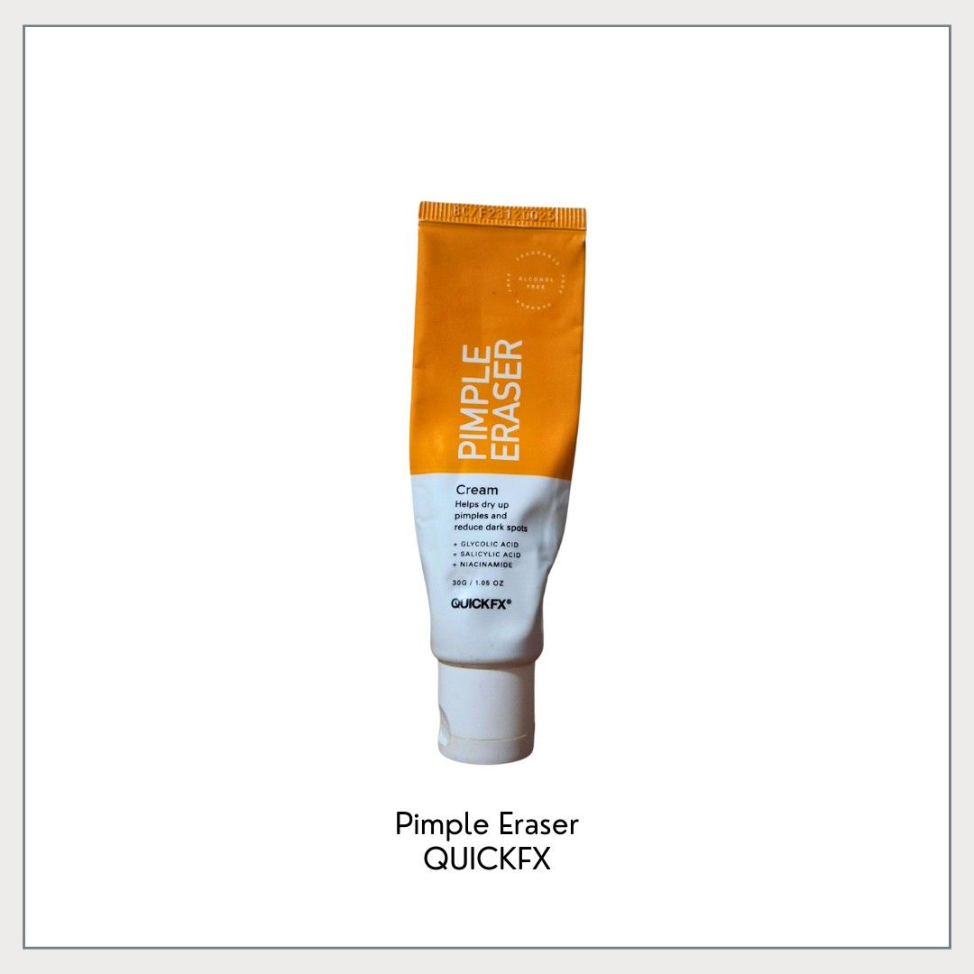 QuickFX Pimple Eraser Cream (Category: Face Care) located in Pasig City. Submitted by declutter_with_cha (Listing ID 1424211732, Image 1). Description: - QuickFX Pimple Eraser Cream helps reduce pimples and dark spots. - It contains ingredients like Glycolic Acid, Salicylic Acid, and Niacinamide. - Apply a thin layer to affected areas. - Store in a cool, dry place. - 50% left - Expiry 11/12/26 - Discounted price! Santolan, Pasig **Originally boug