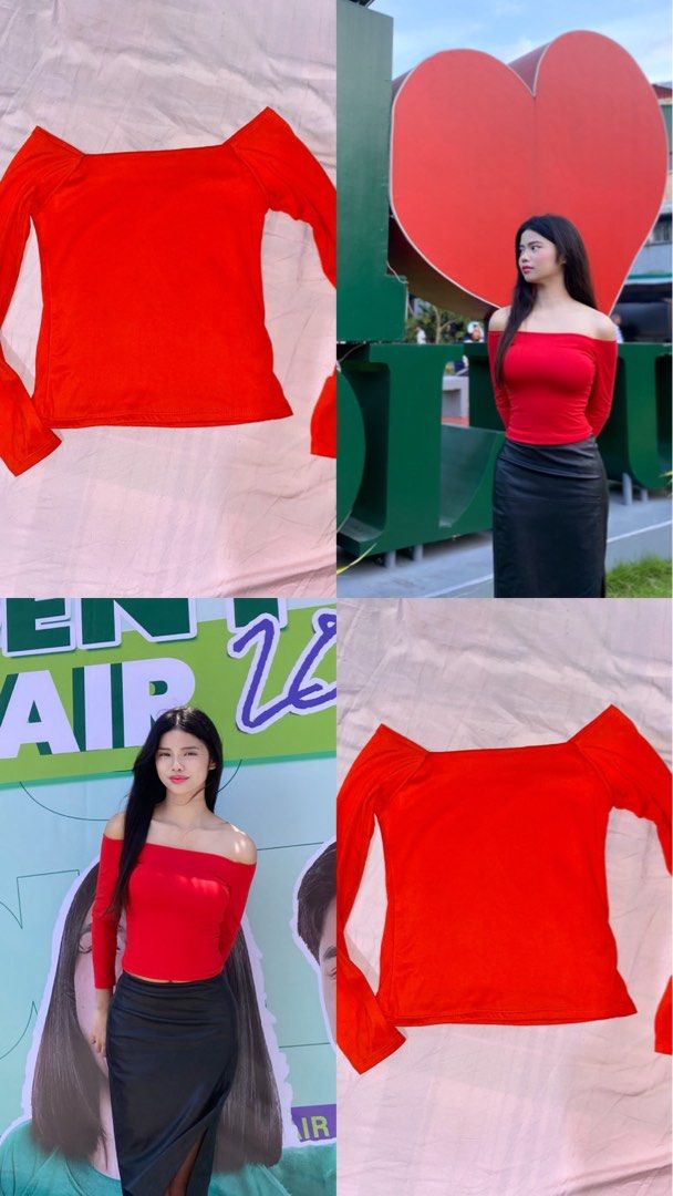 Red Off-Shoulder Long Sleeve Top (Category: Longsleeves) located in Mariveles. Submitted by preluvbaddie (Listing ID 1424289226, Image 2). Description: - Red off-shoulder top - Long sleeves - Square neckline - Fitted silhouette - Smooth, stretchy fabric - Versatile for day or night wear - Easy to pair with different bottoms.