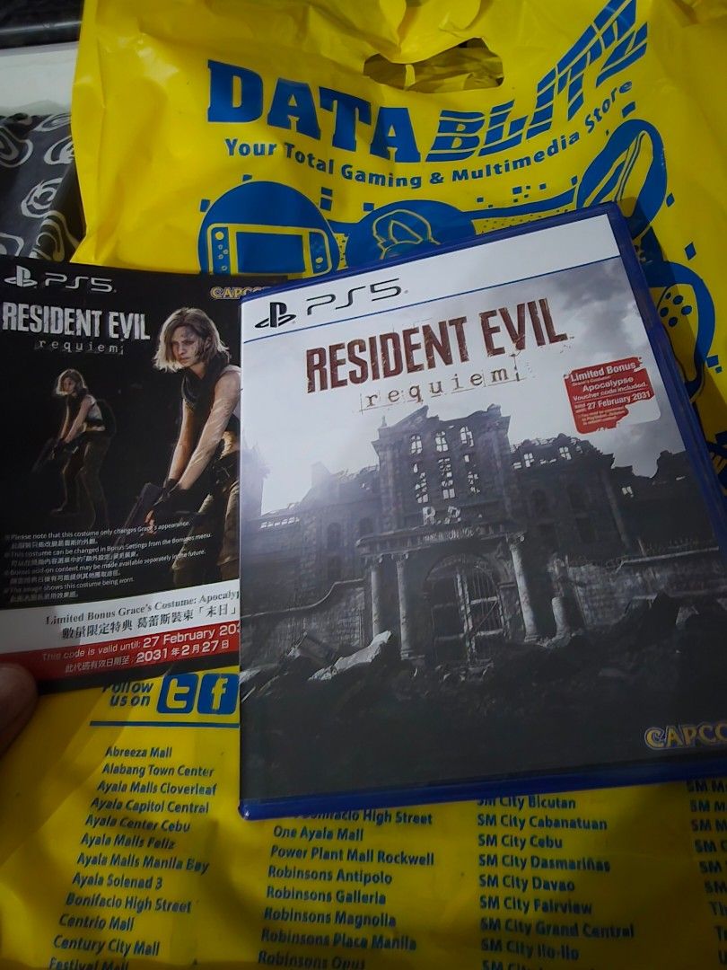 Resident Evil 9 Requiem PS5 Game (Category: PlayStation) located in Manila. Submitted by chrisriggs12059 (Listing ID 1424302944, Image 1). Description: - Resident Evil Requiem for PS5 - unused code - Includes game disc and inserts - Published by Capcom - For Playstation 5.